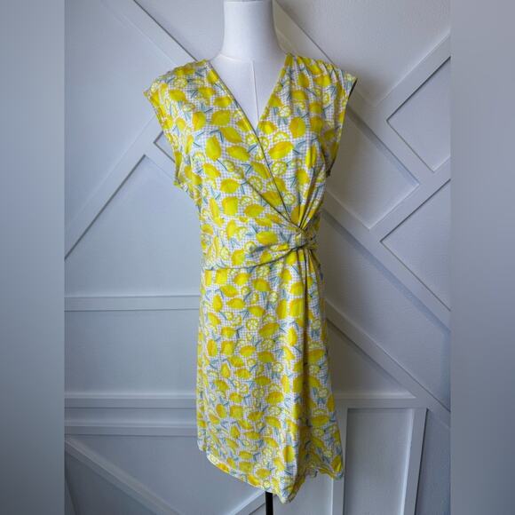 Lands’ End V-Neck Gathered Faux-Wrap Dress In Yellow Lemon Check Size Medium - Picture 2 of 9